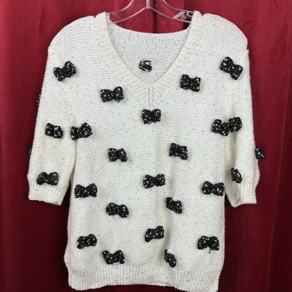 S M OOAK Hand knit BOWS  Vintage 70s 80s Pullover Sweater Sequin
